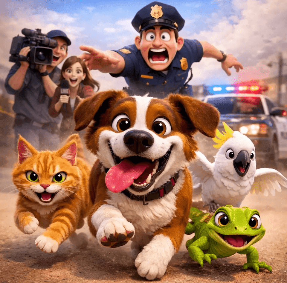 Cartoon illustration of a dog, cat, parrot, and lizard fleeing a surprised police officer and news crew